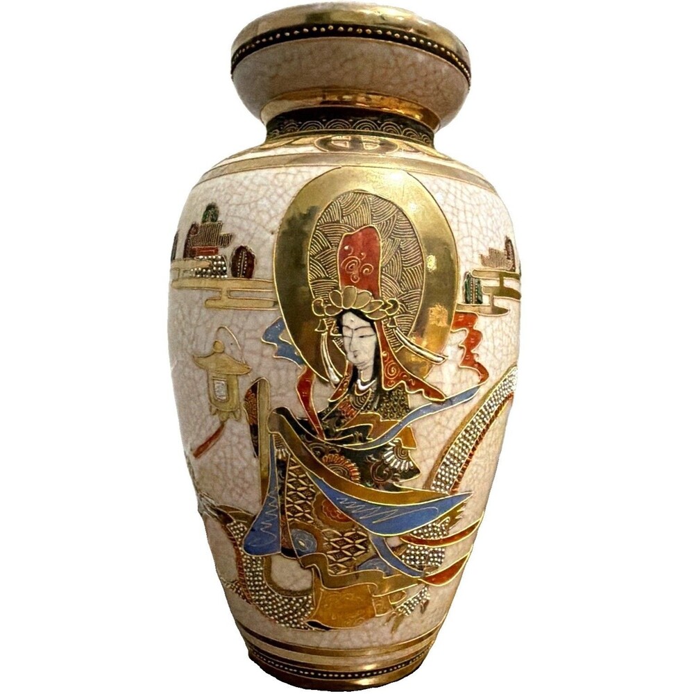 Japanese Satsuma Moriage Vase 10" Kannon Riding Dragon Ryuzu Late Meiji